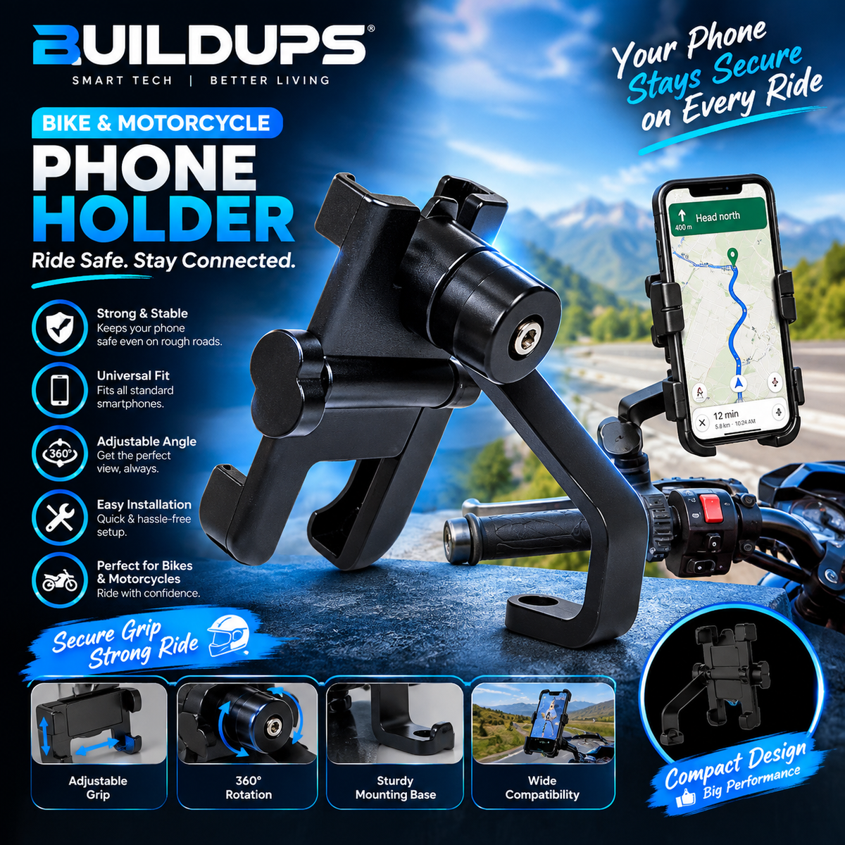 360° Adjustable Bike & Motorcycle Phone Holder – Secure Grip Mount